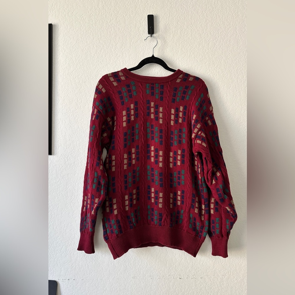 VINTAGE 90S GRANDPA SWEATER BURGUNDY GEOMETRIC COOGI STYLE COTTON KNIT L